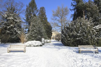 Snow-covered palace garden of Hohenheim Palace, University of Hohenheim, Stuttgart,
