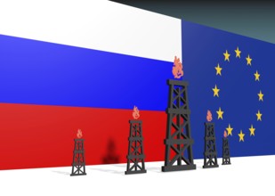 Image relative to gas transit from russia to european union. 3D rendering. Russian and europe