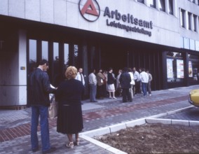 Dortmund. The Dortmund employment office with people waiting in the morning ca. 1986