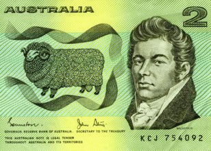 Detail of the old $2 Australian bank note featuring sheep breeder John Macarthur