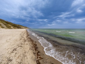 Baltic Sea beach in Ahrenshoop on the Fischland-Darß-Zingst peninsula, blue sky with clouds,