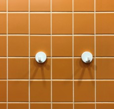 Orange tiled splashback with two towel hooks