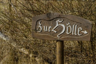 A rustic wooden sign with the inscription 'Zur Hölle' stands at the edge of a thicket, Höllbachtal,