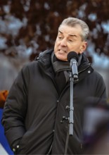 Publicist Michel Friedman gives a speech at the rally. The demonstrators gathered under the heading