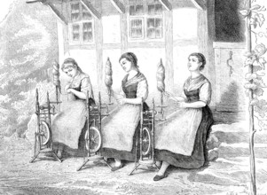 Three girls sitting in front of a house, with spinning wheel, spinning wool, around 1870,