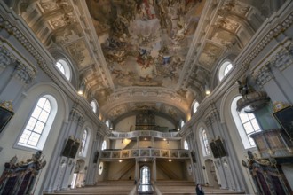 Interior with organ loft of the baroque parish church of St Nicholas, 1725, Tannheim, Austria