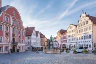 Market square with Willibald's Fountain with statue of missionary and Bishop Willibald, Eichstätt,