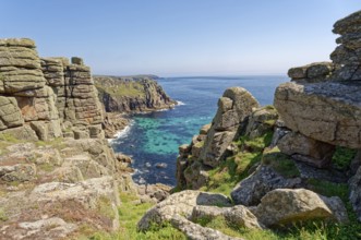 Rock formation off the west coast of England on the Atlantic Ocean. Land's End, the tip of the