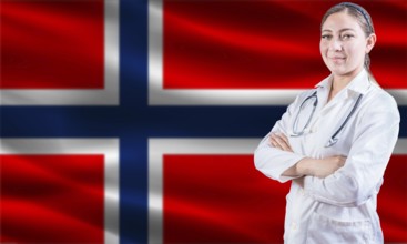 Female doctor on Norway flag. Doctor with crossed arms on Norway flag. Norway health and care