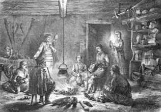 Family in their house in Dalmatia, open campfire in the room, simple conditions, historical,