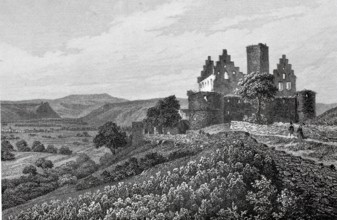 Trimburg in the Middle Ages, actually Trimberg Castle, ruins of a hilltop castle of the Lords of