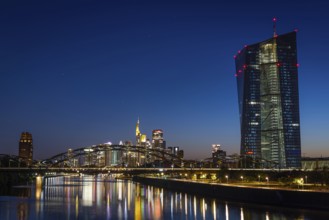 The European Central Bank (ECB) and the Frankfurt banking skyline are reflected in the calm waters