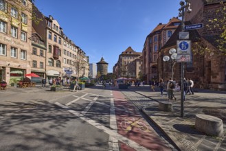 Frauentorturm, pedestrian zone, alleyway, historical buildings, round tower, blue sky, cloudless,
