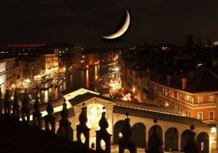 View from the Fondaco dei Tedeschi, with photomontage moon, to the Rialto Bridge and the Grand