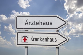 (Photomontage) Directional arrows with the inscription ÄRZTEHAUS and KRANKENHAUS against a blue sky