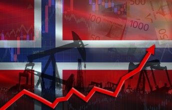 Oil production with Norway flag, petrol industry. Oil pumps with Norway flag