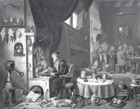 The chemist in his experimental laboratory, steel engraving after a painting by David Teniers,