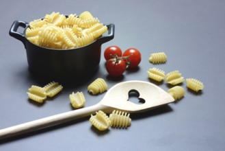 Italian pasta, 'Radiatori' variety, in pots and wooden spoon