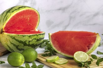 Sliced watermelon with limes and mint leaves on a wooden board