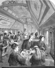 Distinguished people in a dining room in a carriage of the Pacific - Railway in America, Railway,