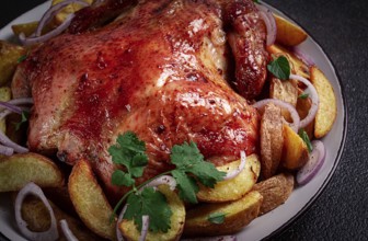 Fried, baked chicken, in the oven, with spices, and rustic potatoes, top view, homemade