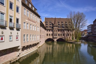 Heilig-Geist-Spital, historic hospital, pharmacy, river Pegnitz, historic buildings, facade,