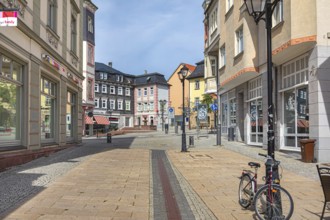 Friedrich-Hofmann-Straße and Marktstraße with Apothekerbrunnen in Ilmenau, Thuringia, Germany