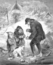 Ice fishing, fisherman has cut a hole in the ice and is fishing, two children and a dog are
