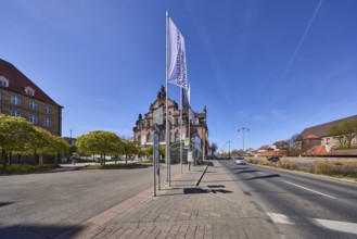 Flags, flagpoles, Nuremberg State Theatre, theatre, trees, general architecture, bus stop,