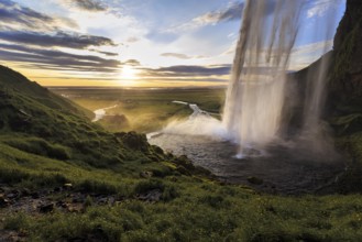 Seljalandsfoss at sunset, Suðurland, Sudurland, near Ring Road, South Iceland, Iceland