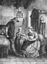 A fishing family with two children in their kitchen in Scheveningen in Holland, Historical,