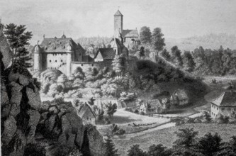 View in the Middle Ages of Aufseß Castle, Aufsess, in the district of Bayreuth, Upper Franconia,