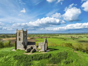Burrow Mump from a drone, Southlake Moor, Burrowbridge, Taunton, Somerset, England, United Kingdom