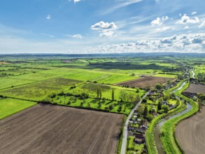 Burrow Mump from a drone, Southlake Moor, Burrowbridge, Taunton, Somerset, England, United Kingdom