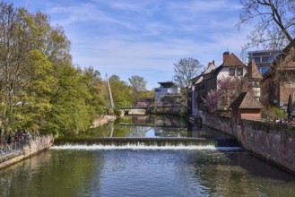 River Pegnitz, weir, general development, trees, pedestrian bridge, blue sky, cirrostratus clouds,