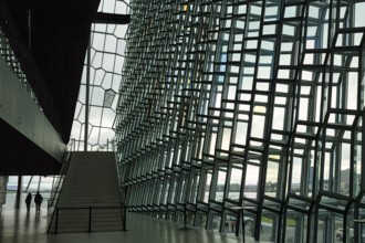 Harpa Concert Hall, interior view with staircase and glass façade, architect Henning Larsen, façade
