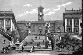 The Capitol Square, Piazza del Campidoglio, c. 1800, Rome, Italy, Historical, digitally restored