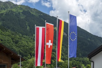 National flags Austria, Switzerland, Germany and Europe, Schruns, Austria