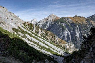 Narrow mountain valley, view of autumnal mountain landscape with mountain peaks Sonnjoch and