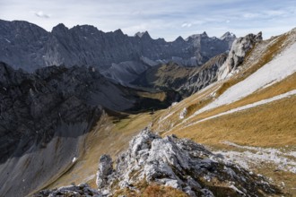 Picturesque mountain landscape in autumn, view of the rocky mountain ridge of the