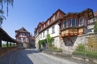 From left, battlements, half-timbered houses, driveway Strauer Torweg into upper town, cobbled, old