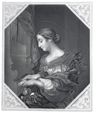 St Cecilia playing the organ, steel engraving after a painting by Carlo Dolci, historical,