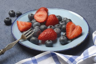 Plate with strawberries and blueberries, Fragaria, Vaccinium