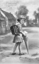 School enrolment, 1920s, A girl with a school bag looks back smiling on a country road, Historical