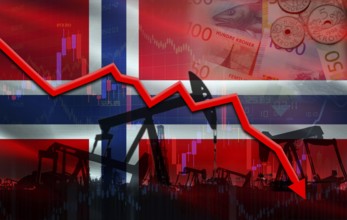 Petrol crisis with Norway flag on financial graph. Fall oil price with flag of Norway on economic
