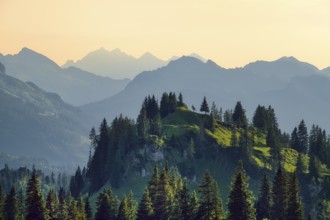 View from the Pragel Pass over the Muota Valley in the evening light, Central Swiss Alps, Canton