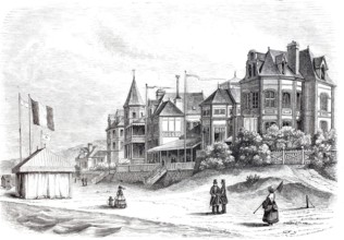 View of the beach, the baths and the Kursaal of Trouville on the northern French coast, 1870,