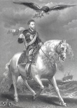 Equestrian portrait of Emperor Charles V on horseback, with an eagle hovering over the scene with a