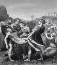 The Entombment of Christ, steel engraving after a painting by Raphael, historical, digitally