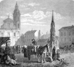 On the town square in Pest, today Budapest, Hungary, Historical, Reproduction from a model with a